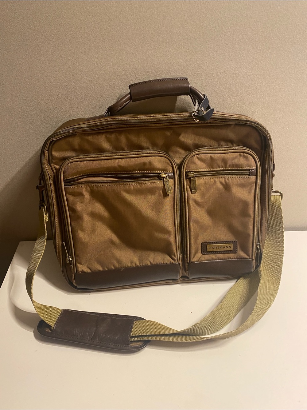 Hartmann Nylon Computer Case Double Compartment Laptop Bag Khaki Brown Leather